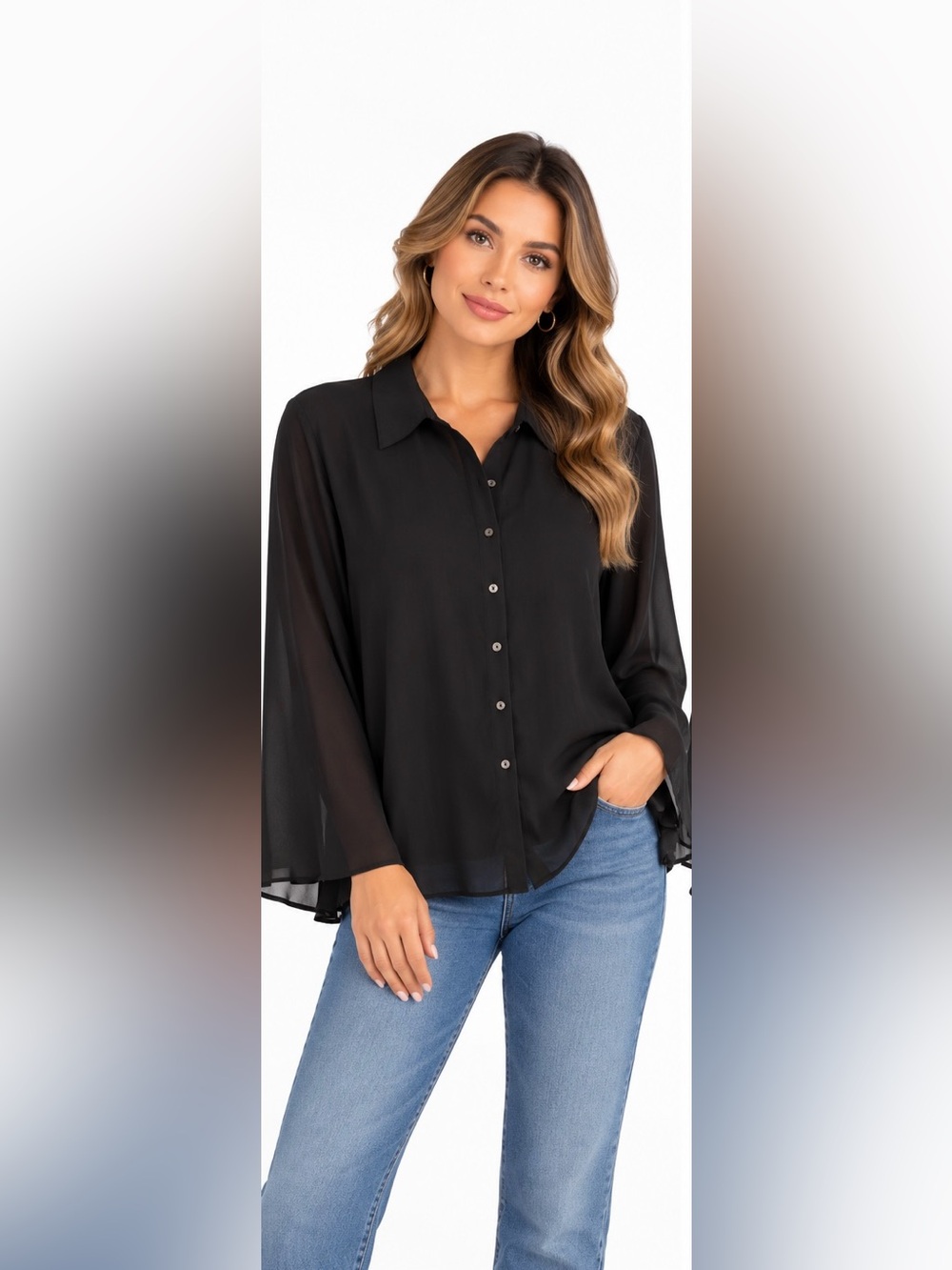 Black ladies Button-Up Shirt - Classic Collared Long Sleeve